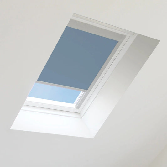 Blue roof window blind installed on a skylight