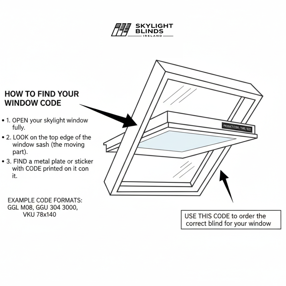 Diagram showing how to find a window code for skylight blinds with Skylight Blinds Ireland branding.