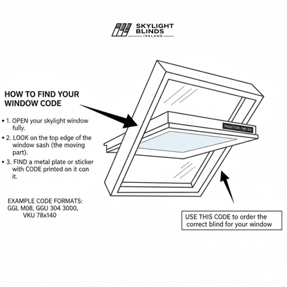 Diagram showing how to find a window code for skylight blinds with Skylight Blinds Ireland branding.